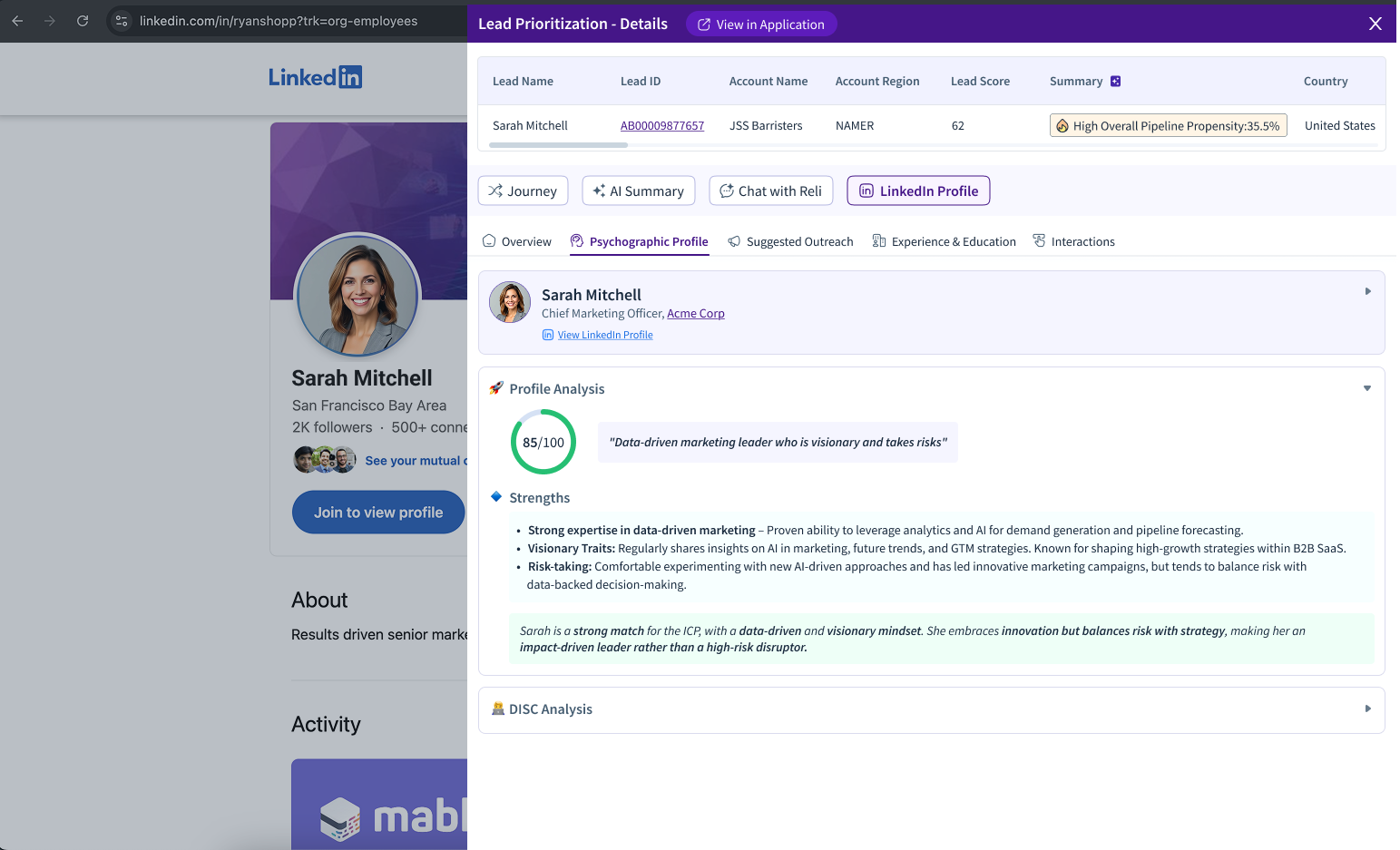 Profile analysis of Sarah Mitchell highlighting strengths and risk-taking abilities in marketing.